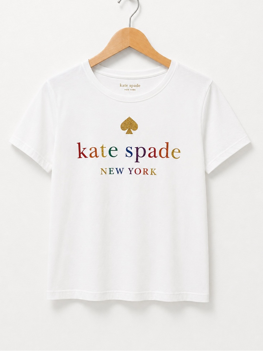 kate spade New York White Short Sleeve Tee Rainbow Glitter Lettering Gold Spade